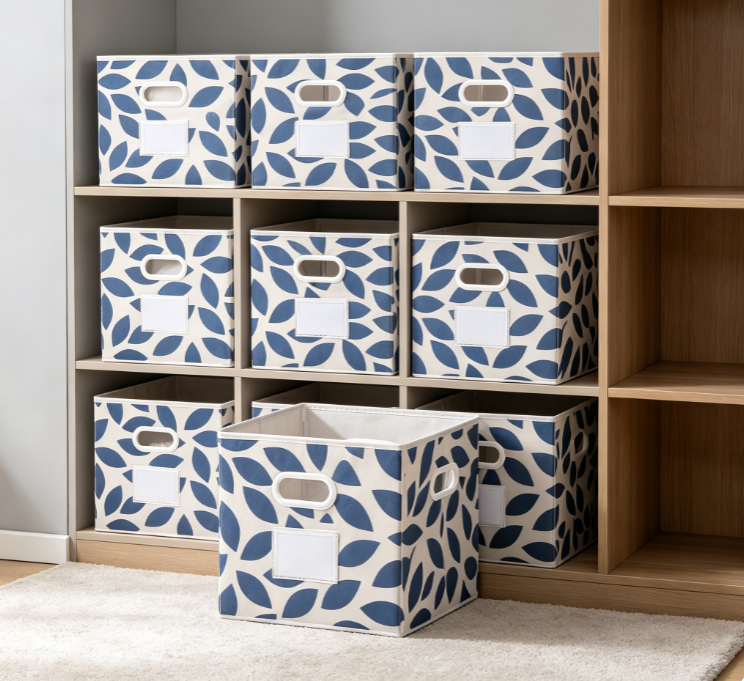Foldable Fabric Storage Cube with Blue Leaf Pattern – Open-Top Closet Organizer with Label Holder