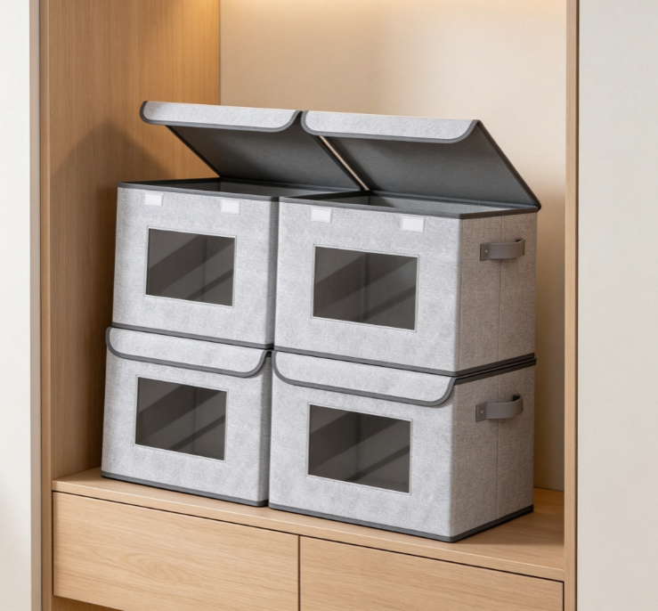Foldable Fabric Storage Box with Lid and Clear Window – Stackable Home Organizer