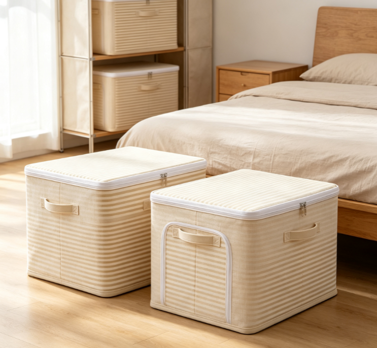 Beige Striped Foldable Fabric Storage Box with Dual Handles and Zippered Lid - Image 2