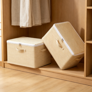 Beige Striped Foldable Fabric Storage Box with Dual Handles and Zippered Lid