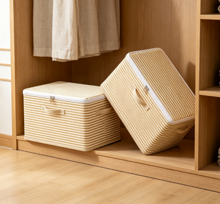 Beige Striped Foldable Fabric Storage Box with Dual Handles and Zippered Lid