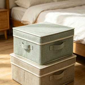 Solid-color, linen-textured foldable storage box with lid and dual handles; stackable fabric organizer