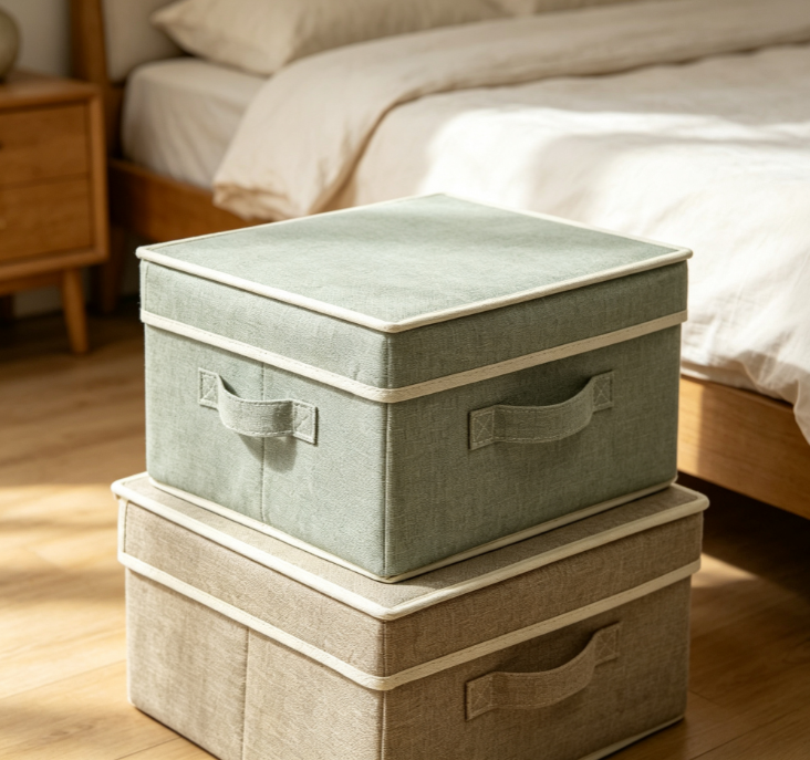 Solid-color, linen-textured foldable storage box with lid and dual handles; stackable fabric organizer