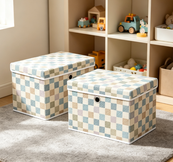 Soft Plaid Foldable Fabric Storage Box (Lidded Wardrobe Organizer) - Image 2