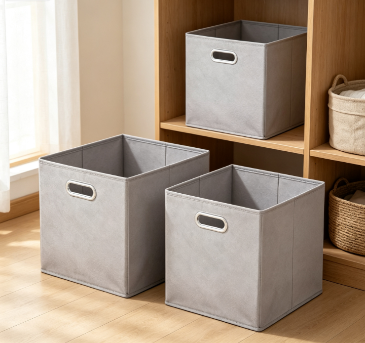 Foldable Square Fabric Storage Basket with Cut-out Metal Handles – Solid Color Cube Organizer - Image 2