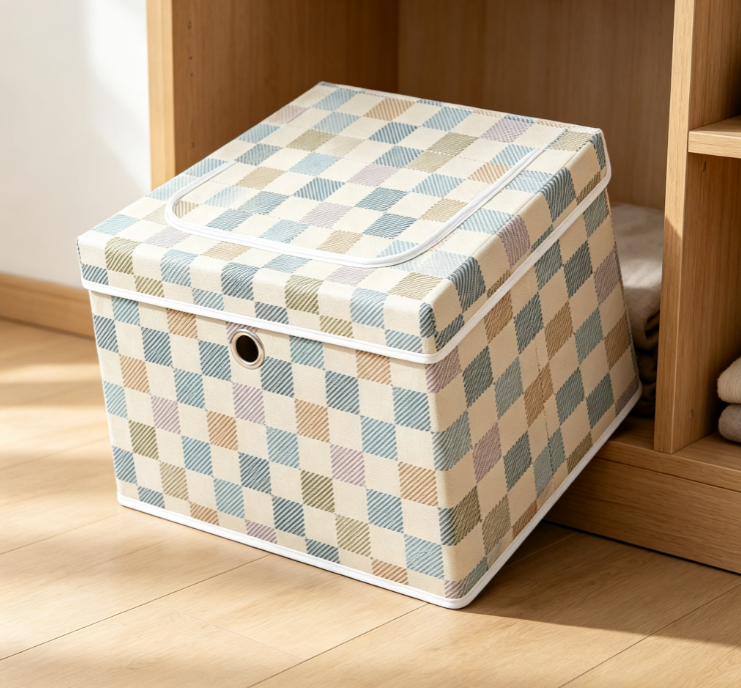 Soft Plaid Foldable Fabric Storage Box (Lidded Wardrobe Organizer)