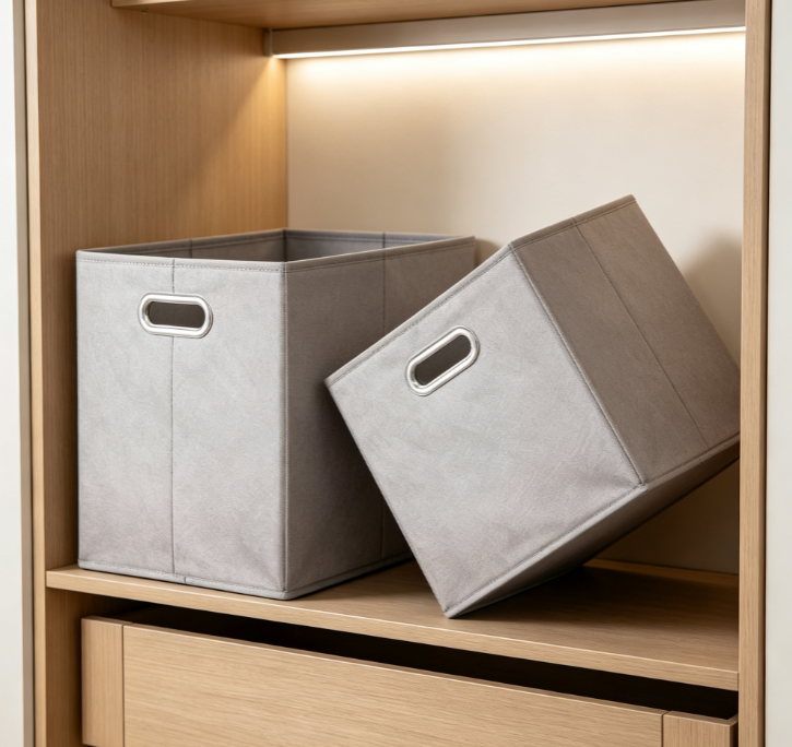 Foldable Square Fabric Storage Basket with Cut-out Metal Handles – Solid Color Cube Organizer