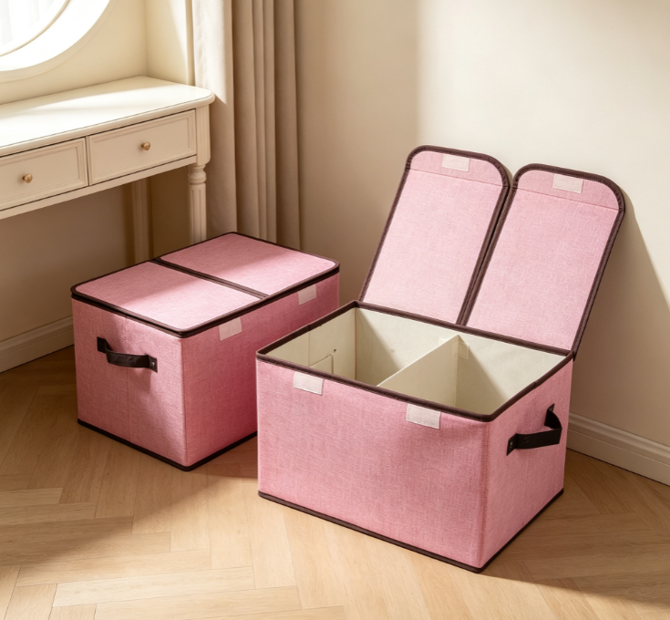 Foldable Fabric Storage Box with Dividers and Dual-Flap Lid – Large-Capacity Linen-Look Organizer - Image 2