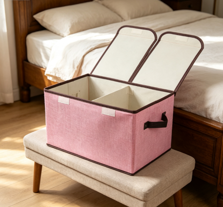 Foldable Fabric Storage Box with Dividers and Dual-Flap Lid – Large-Capacity Linen-Look Organizer