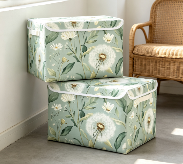 Mint Green Dandelion Floral Foldable Fabric Storage Box (Lidded Clothing Organizer) - Image 2