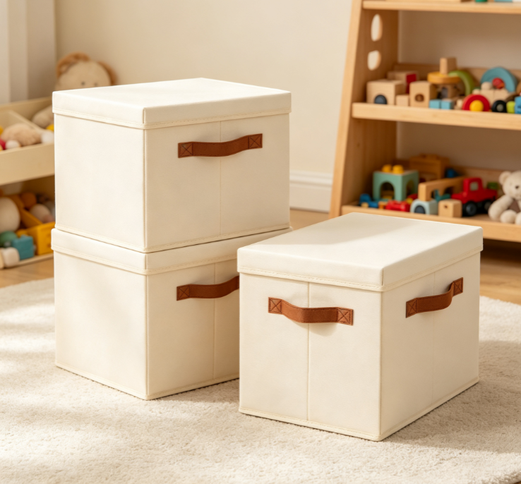 Solid-Color Foldable Fabric Storage Drawer with Lid, Brown Webbing Handles, and Stackable Design - Image 2