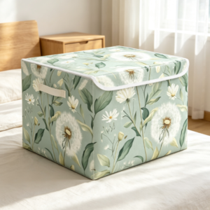 Mint Green Dandelion Floral Foldable Fabric Storage Box (Lidded Clothing Organizer)