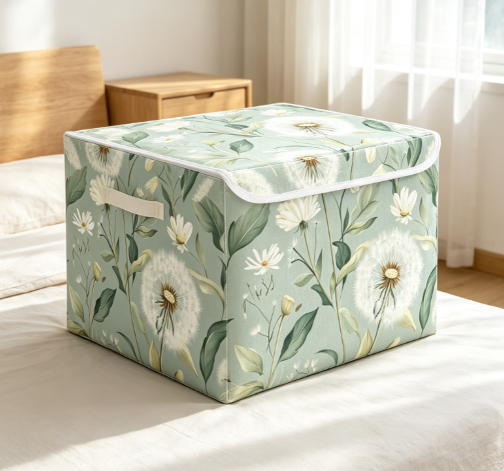 Mint Green Dandelion Floral Foldable Fabric Storage Box (Lidded Clothing Organizer)