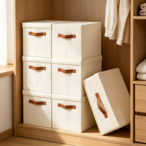 Solid-Color Foldable Fabric Storage Drawer with Lid, Brown Webbing Handles, and Stackable Design