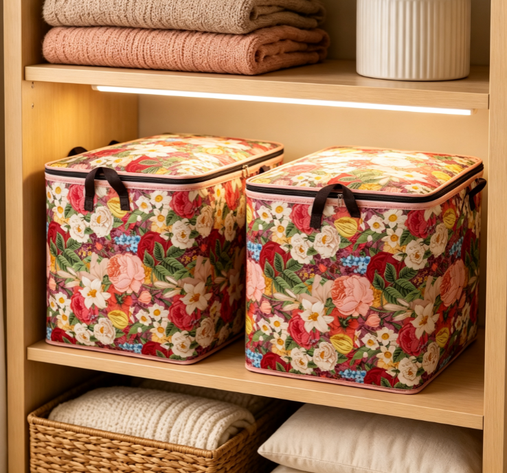 Vibrant Multi-colored Floral Print Foldable Fabric Storage Box with Zippered Lid - Image 2