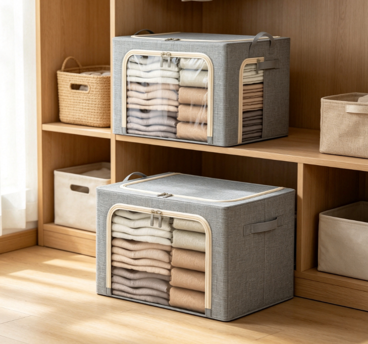 Collapsible Fabric Storage Box with Steel Frame and Dual Transparent Windows – Large-Capacity Wardrobe Organizer - Image 2
