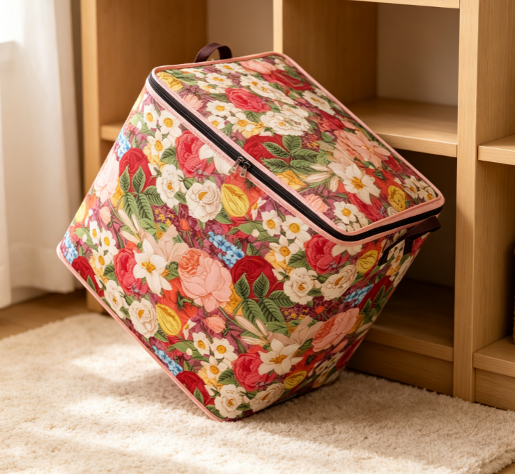 Vibrant Multi-colored Floral Print Foldable Fabric Storage Box with Zippered Lid