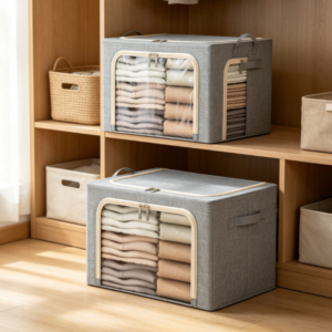 Collapsible Fabric Storage Box with Steel Frame and Dual Transparent Windows – Large-Capacity Wardrobe Organizer