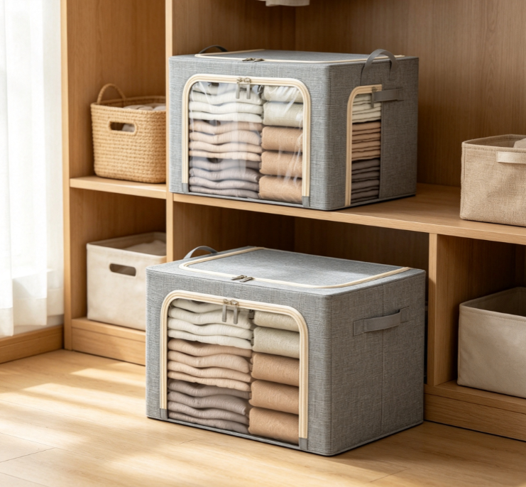 Collapsible Fabric Storage Box with Steel Frame and Dual Transparent Windows – Large-Capacity Wardrobe Organizer